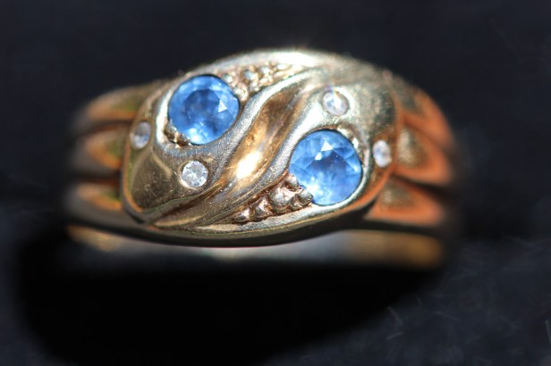 Victorian gold snake ring with sapphire crests and diamond eyes
