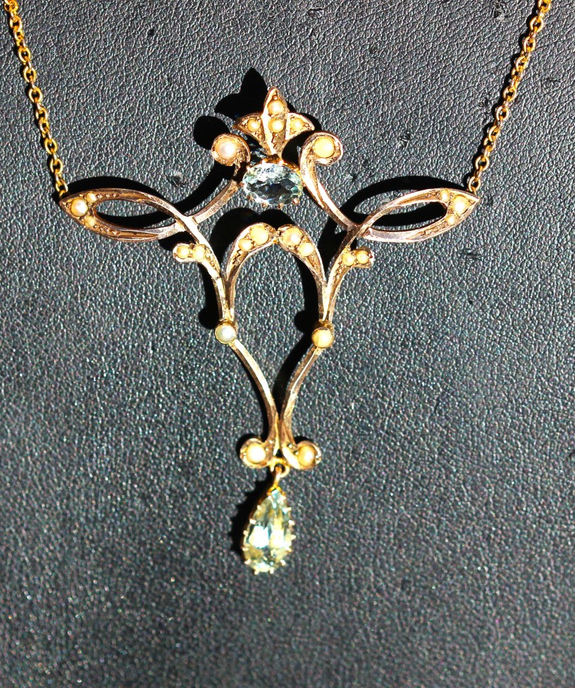Australian 9ct Art Nouveau necklet set with aquamarines and seed pearls,